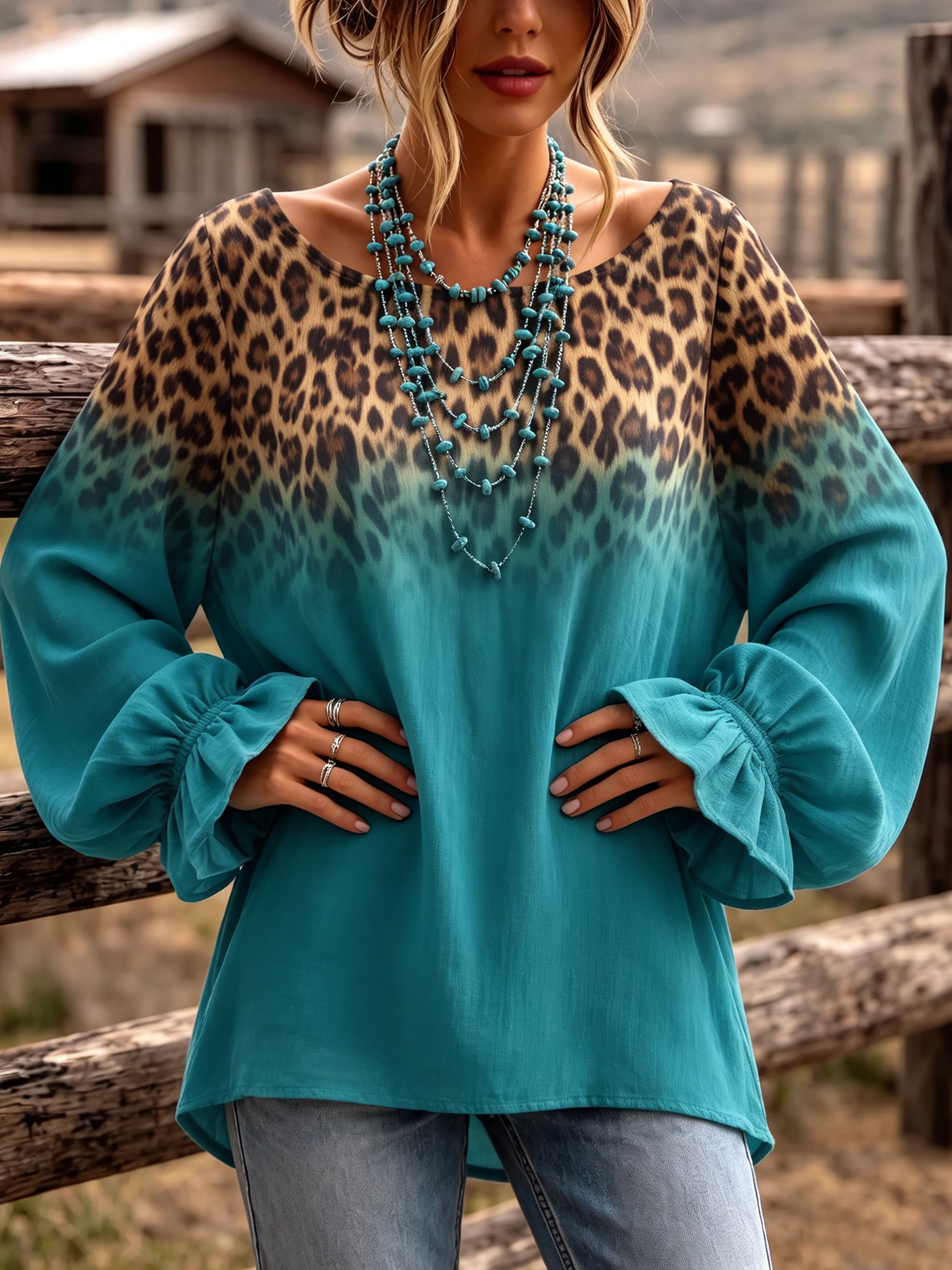 Boho Gradient Leopard Print Ruffle Cuffs Blouse