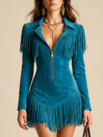Faux Suede Zip-Up Fringe Western Mini Dress