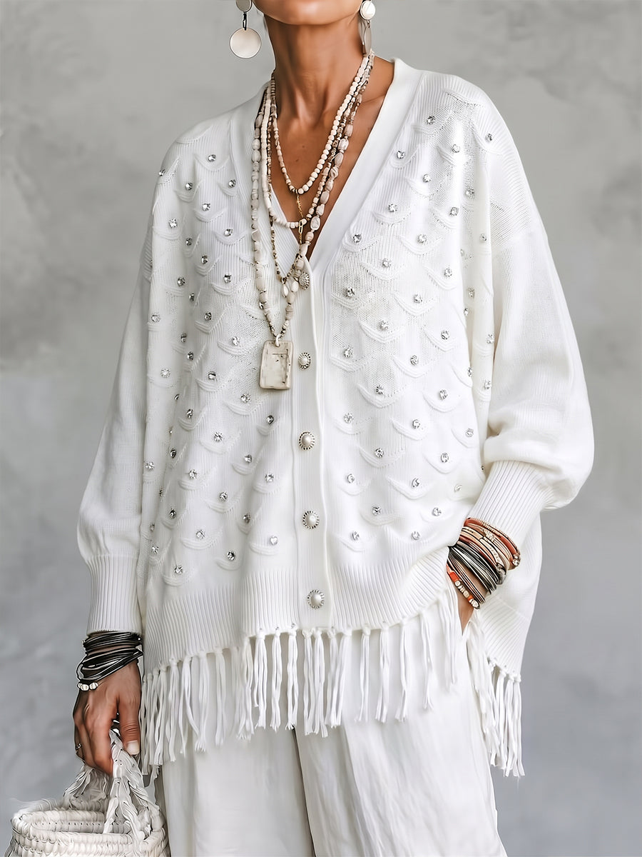 Cozy Fringed Shinny Beaded V-Neck Cardigan