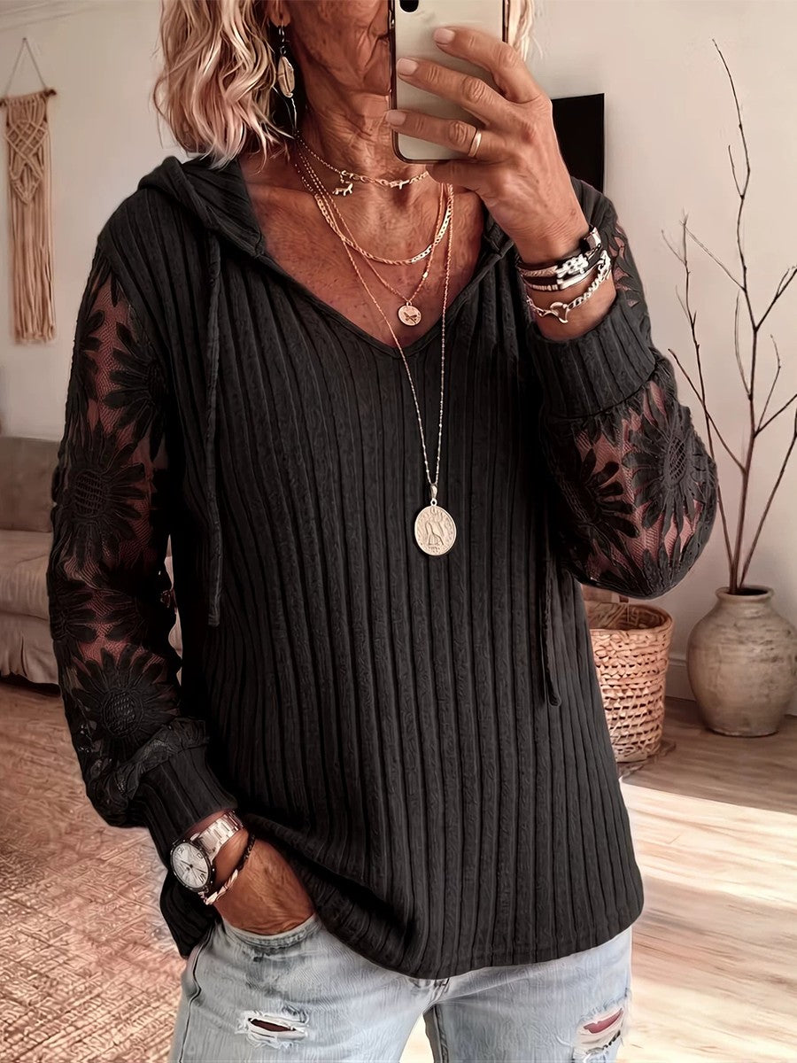 Solid-color Hooded Long-sleeve Lace-knit Top With Cut-out Details