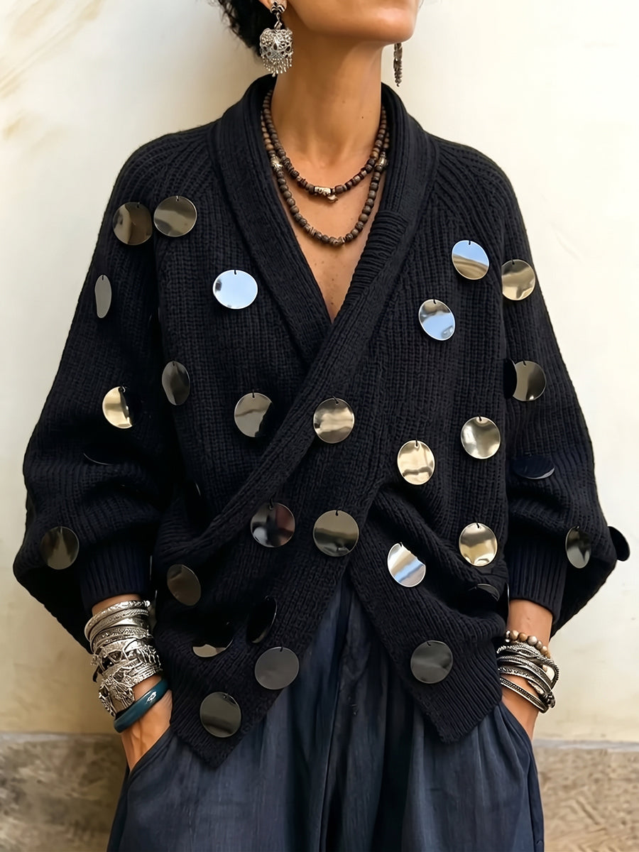 Embellished Metallic-Disk Wrap Cardigan
