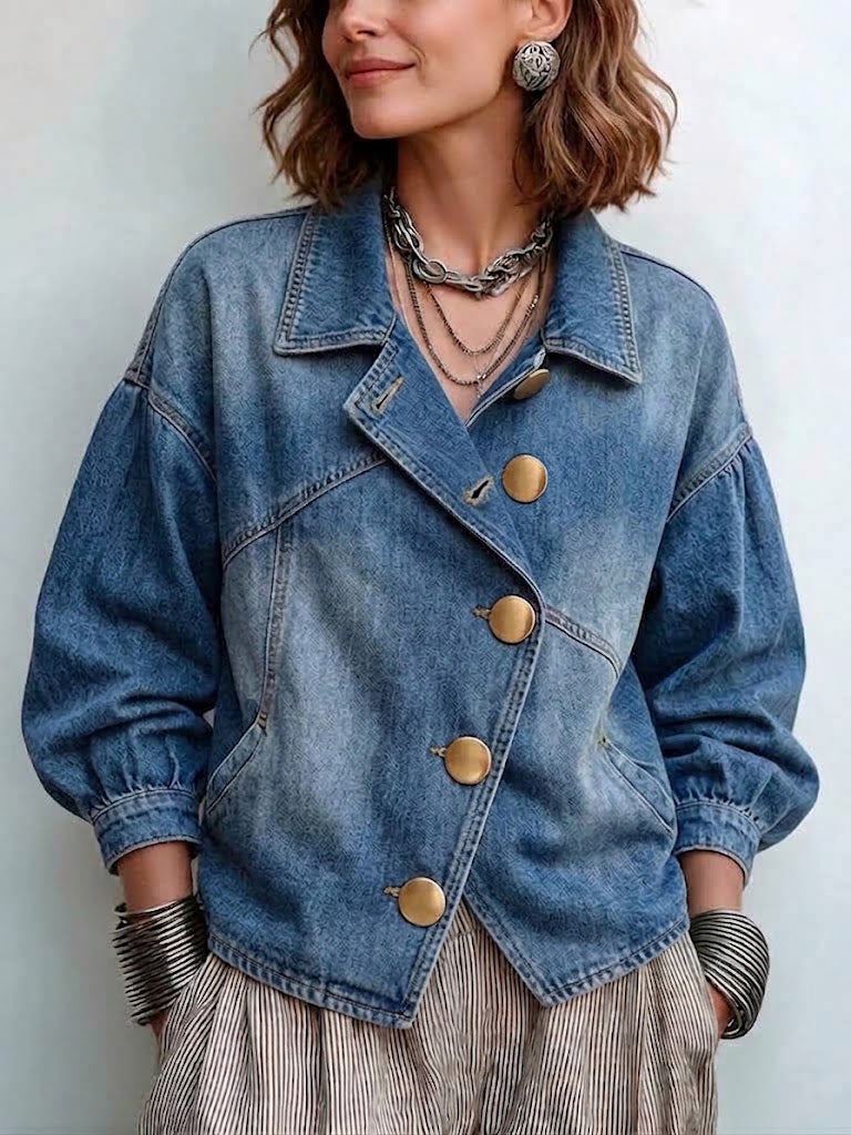 Asymmetrical Slant Gold Button Lantern Sleeve Denim Jacket