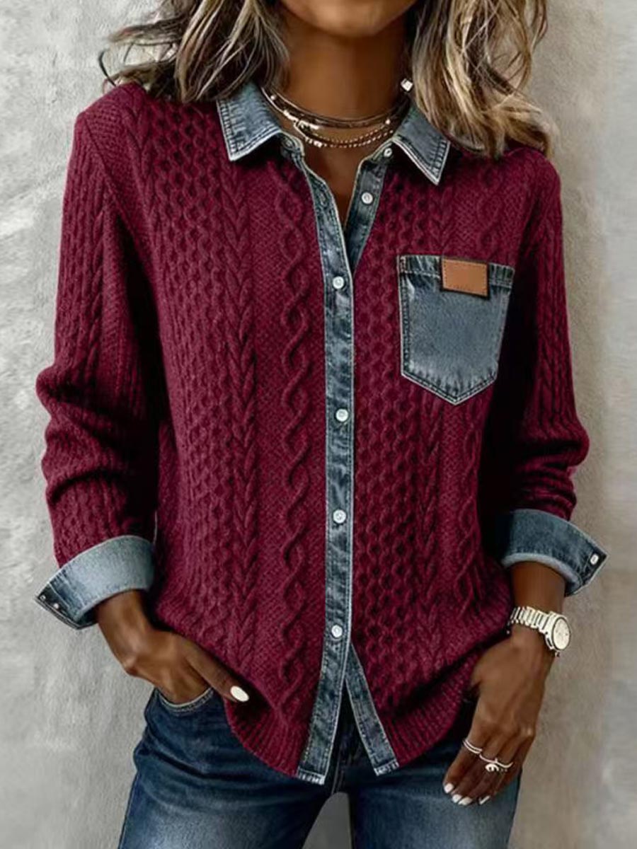 Women's Cable Knit Denim Patchwork Button-down Sweater