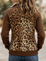 Women's Half Zip Leopard Panel Textured Pullover Sweatshirt