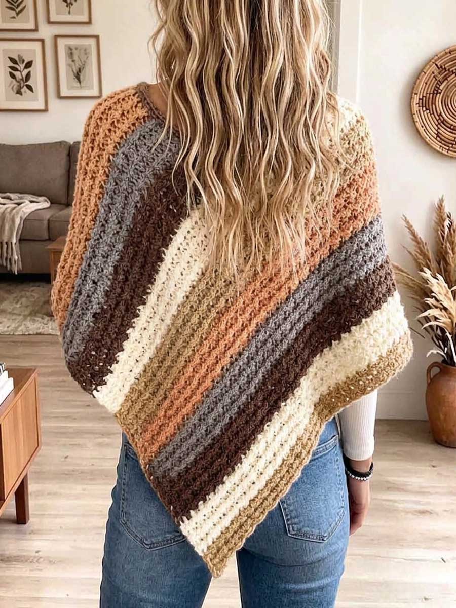 Earth Tone Diagonal Stripe V-Neck Crochet Poncho
