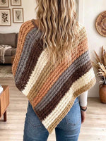 Earth Tone Diagonal Stripe V-Neck Crochet Poncho