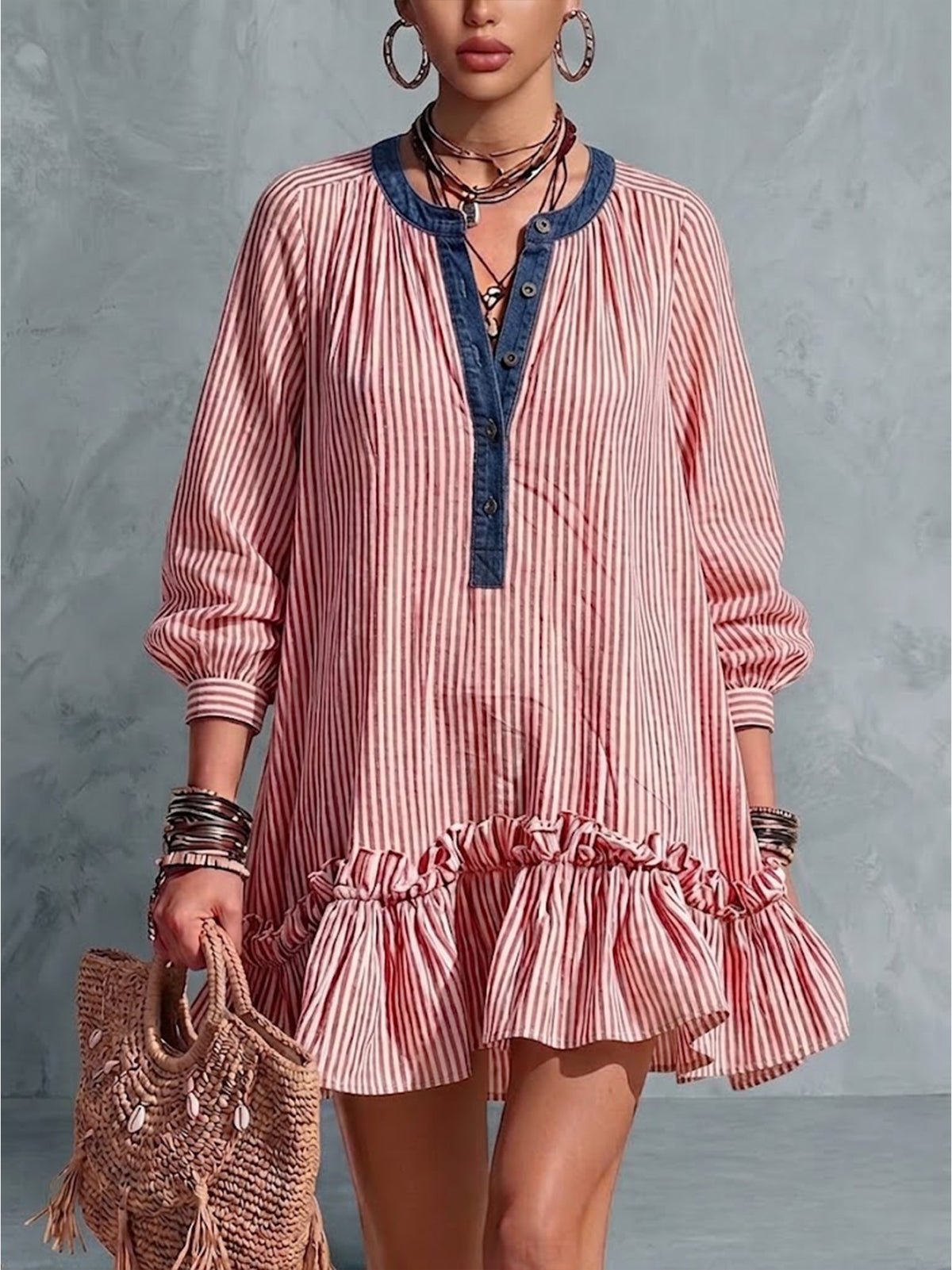 Loose Casual Henry Collar Striped Ruffle Linen-cotton Mini Dress