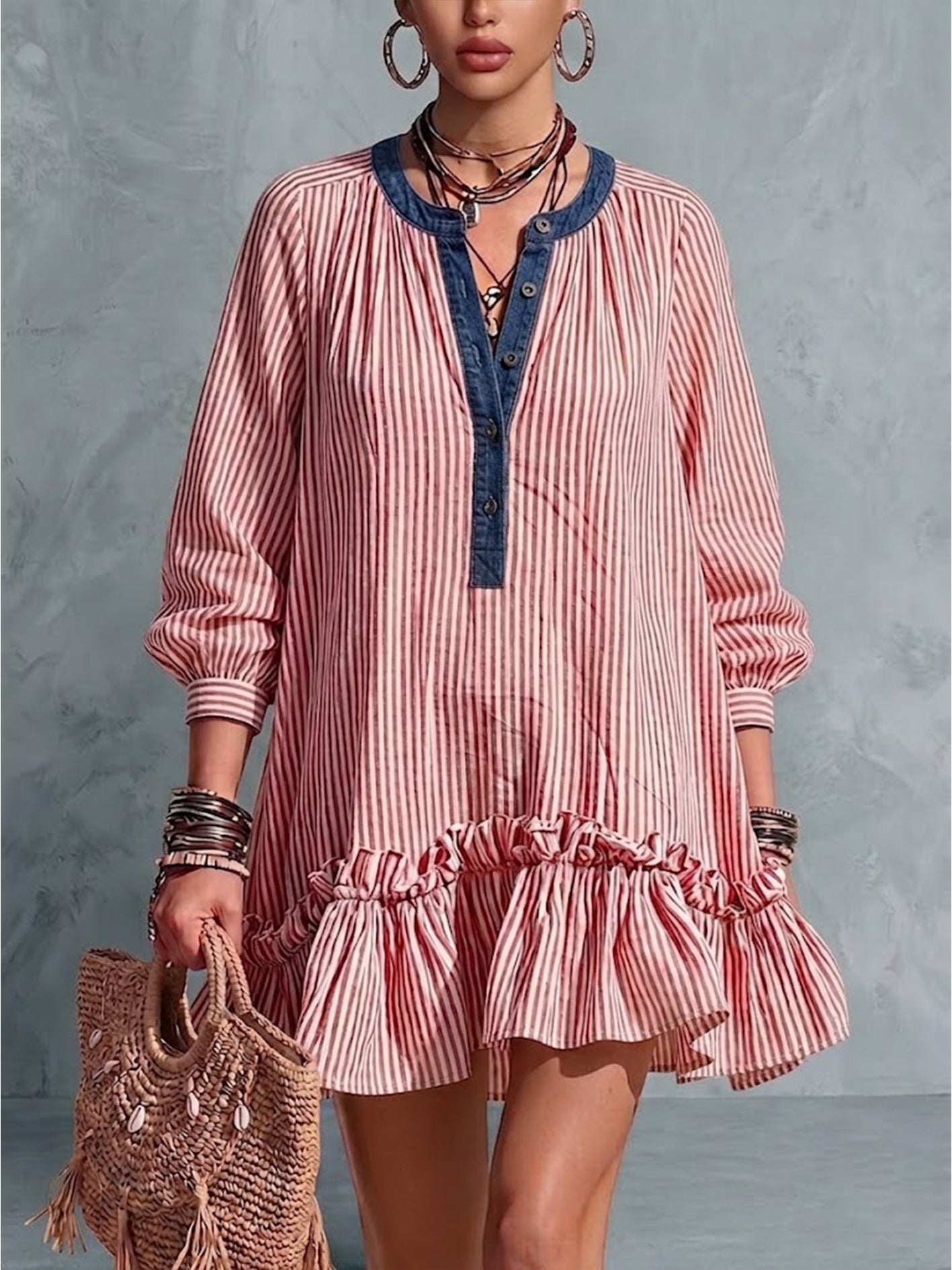 Loose Casual Henry Collar Striped Ruffle Linen-cotton Mini Dress