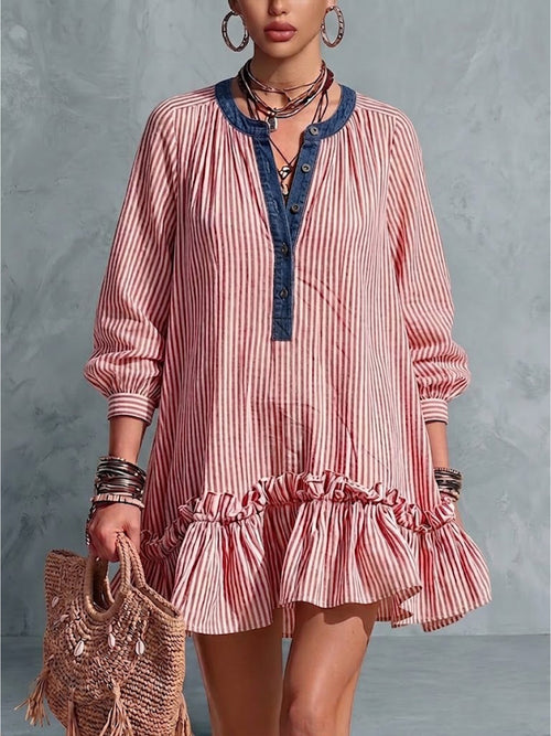 Loose Casual Henry Collar Striped Ruffle Linen-cotton Mini Dress