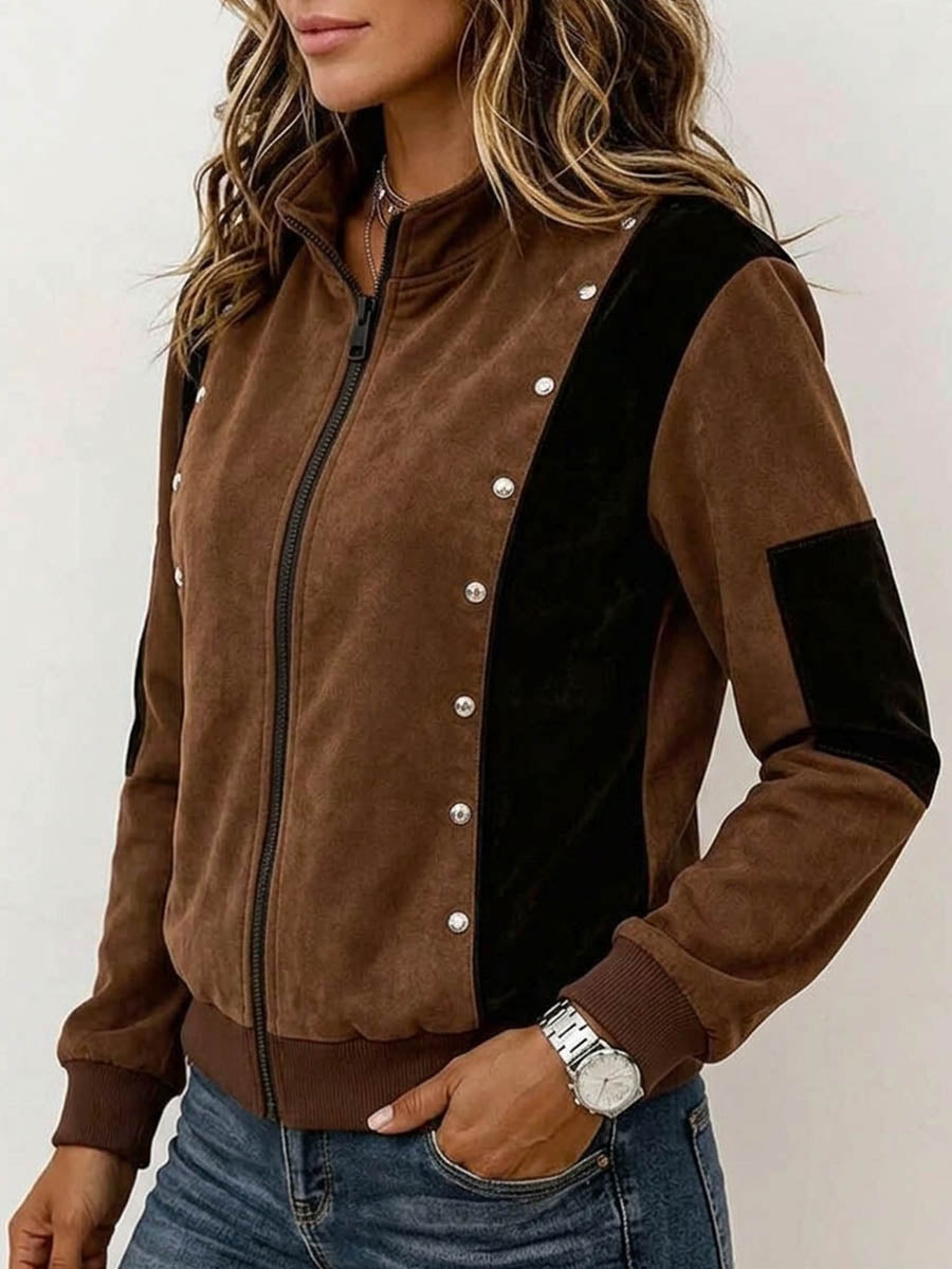 Women's Color-block Stand-collar Long-sleeve Studded Loose Casual Cardigan