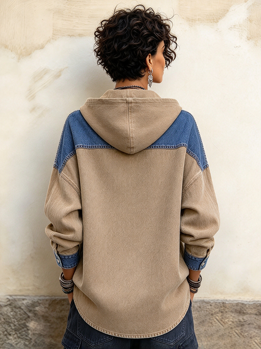 Casual Chic Colorblock Hooded Denim Jacket