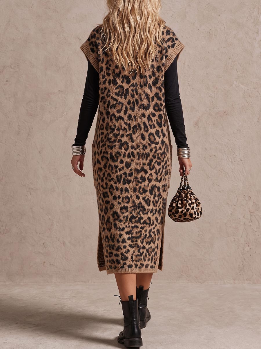 Sleeveless Leopard Print Cowl Neck Midi Sweater Dress