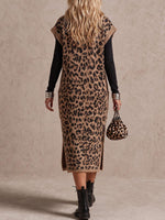 Sleeveless Leopard Print Cowl Neck Midi Sweater Dress