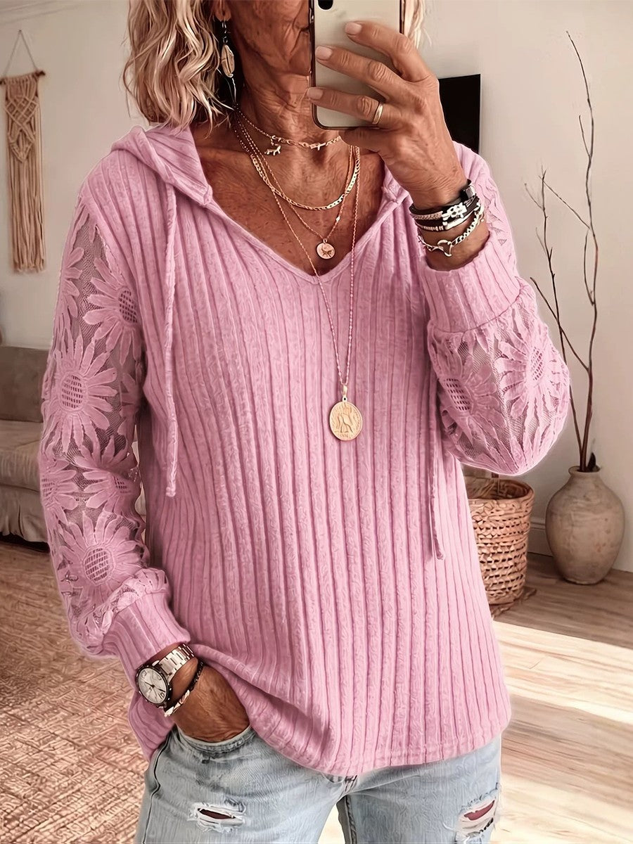 Solid-color Hooded Long-sleeve Lace-knit Top With Cut-out Details