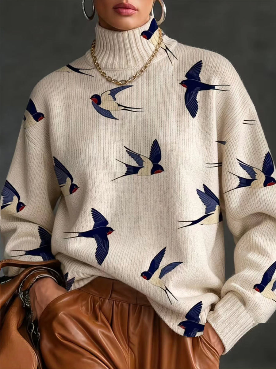 Cozy Ribbed Knit Turtleneck With Swallow Print