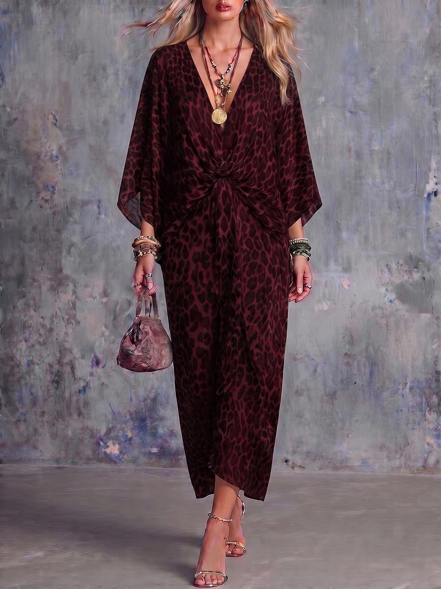 Women's V-neck Long-sleeved Casual Loose Printed Dress