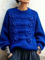 Elegant Royal Blue Knot-embellished Knit Sweater
