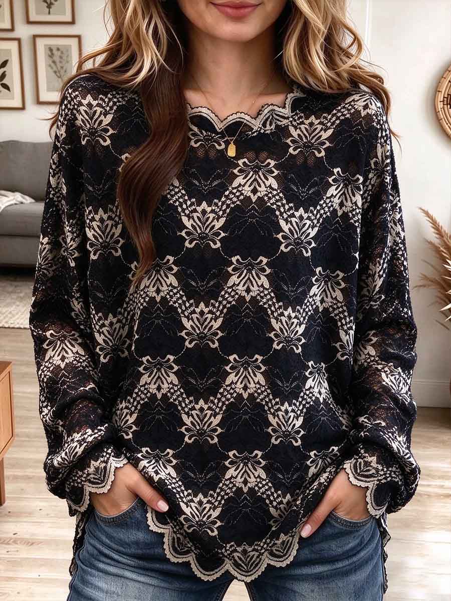 Women's Elegant Sheer Floral Lace Long Sleeve Blouse with Scalloped Hem
