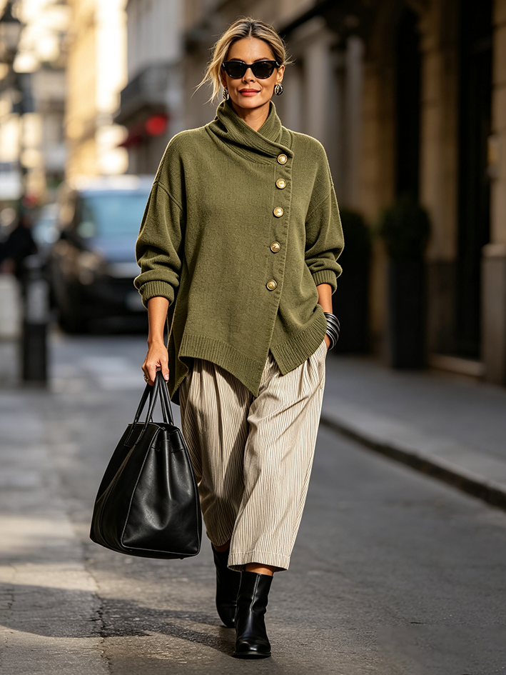 Cozy Asymmetrical Olive Green Sweater