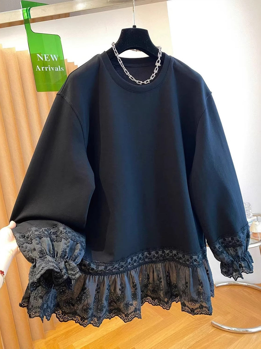 Casual Loose Sweatshirt With Lace Paneling