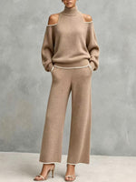 Cold-shoulder Turtleneck Knit Sweater And Wide-leg Pants Set