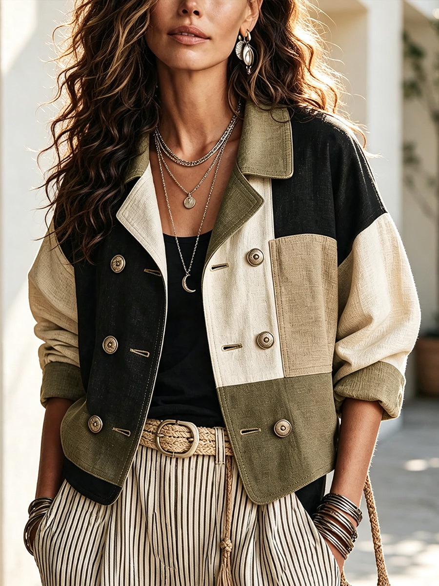 Chic Casual Color-block Cotton-linen Blend Cropped Jacket