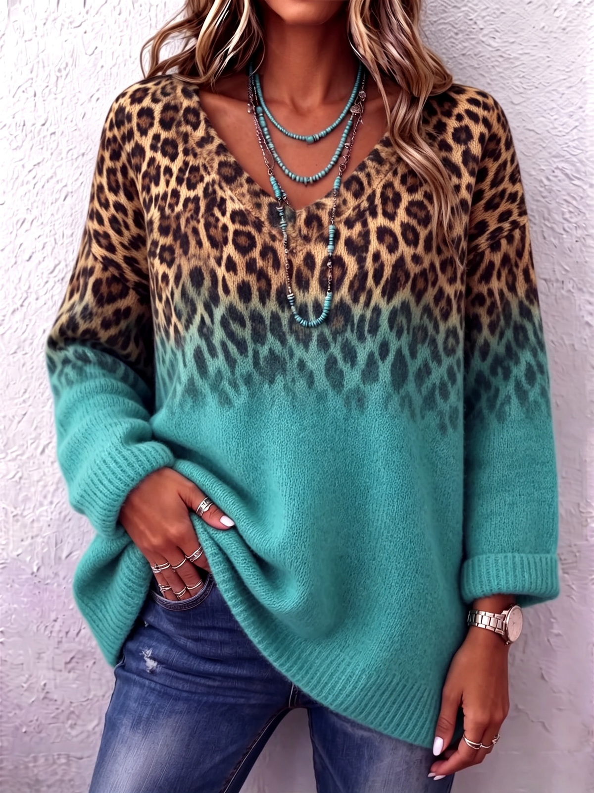 Boho Chic Ombre Leopard V-neck Sweater