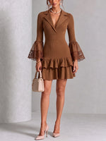 Curated Designer –Elegant Ribbed Knit Lace-Trim Ruffle Dress