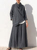 Women's Solid Color Turtleneck Long Sleeve Casual Loose Cotton Linen Top And High Waist A-linen Skirt Set