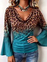 Boho Leopard Ombre Flare Sleeve Stretch Casual Blouse
