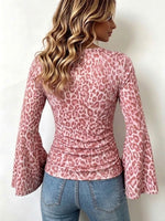 Boho-style Vintage Leopard Print Stretchy Casual Shirt With Bell Sleeves