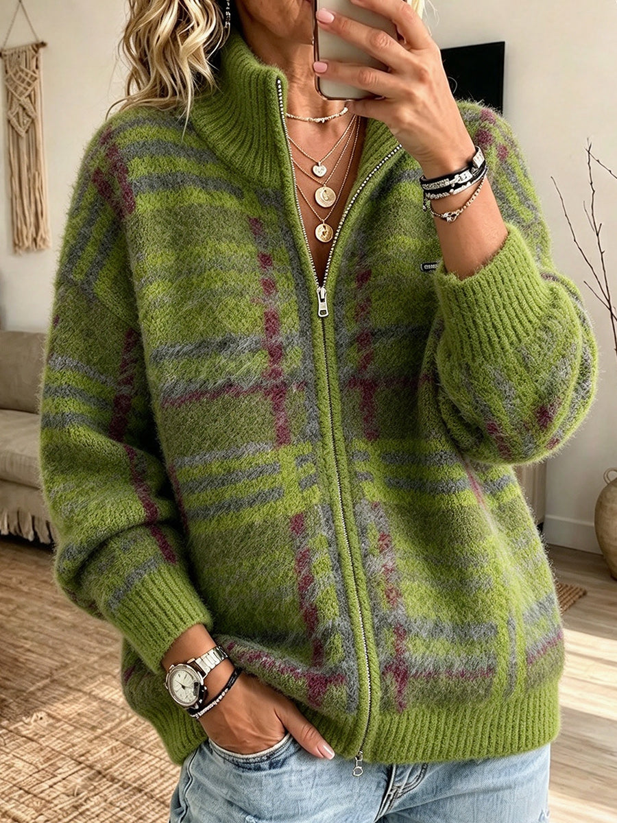 Checkered Plush Mohair-blend Zip-up Cardigan