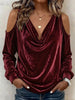 Draped Cowl Neck Cold Shoulder Velvet Lantern Long Sleeve Top