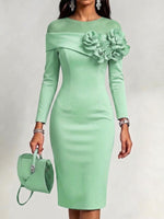 Curated Designer –Solid-color, Slim-fit Dress With A Round Neck And 3d Floral Embellishment On The Side