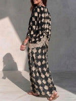 Women's Casual Loose V-neck 3/4 Sleeve Color-block Geometric Print Patchwork Dress