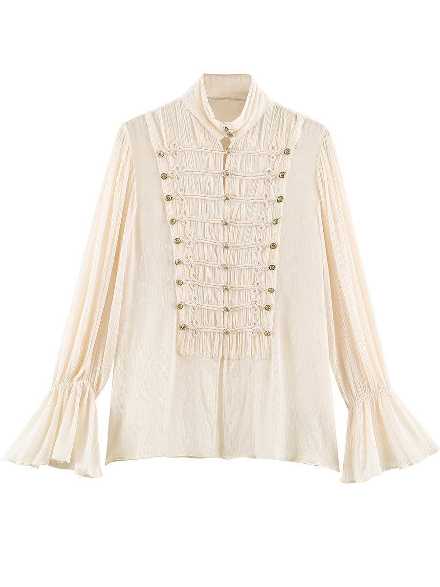 Vintage Military-Inspired Pleated Chiffon Blouse
