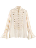 Vintage Military-Inspired Pleated Chiffon Blouse