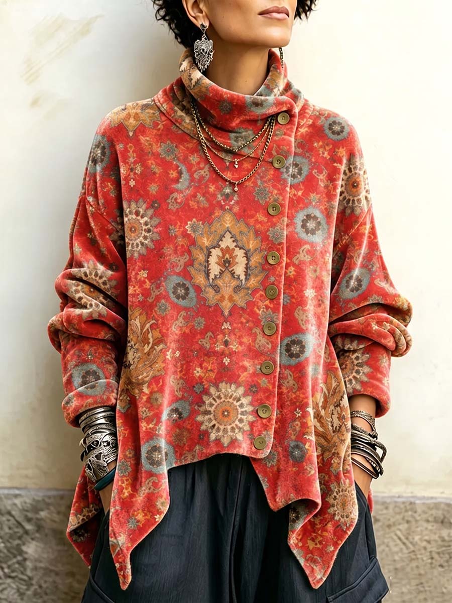 Women's Vintage Print High-neck Long-sleeve Loose-fit Velvet Top