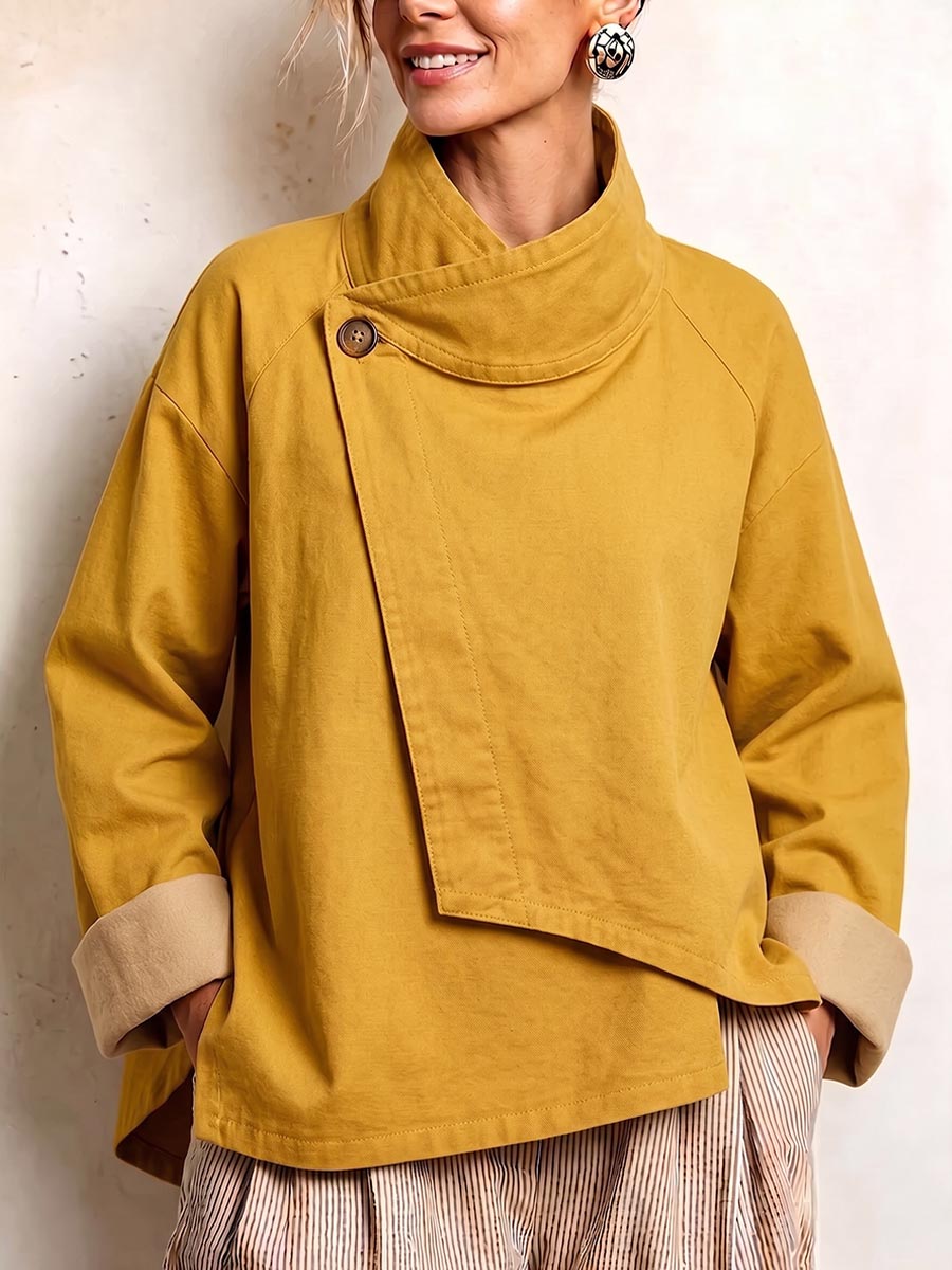Women's Loose-fit Casual Top With Stand Collar, Long Sleeves, And Asymmetric Placket