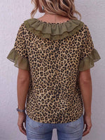 Women's Leopard Print Ruffled V-neck Short-sleeved Casual Loose Top