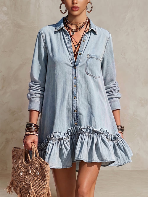 Loose Casual Ruffle Denim Mini Shirt Dress