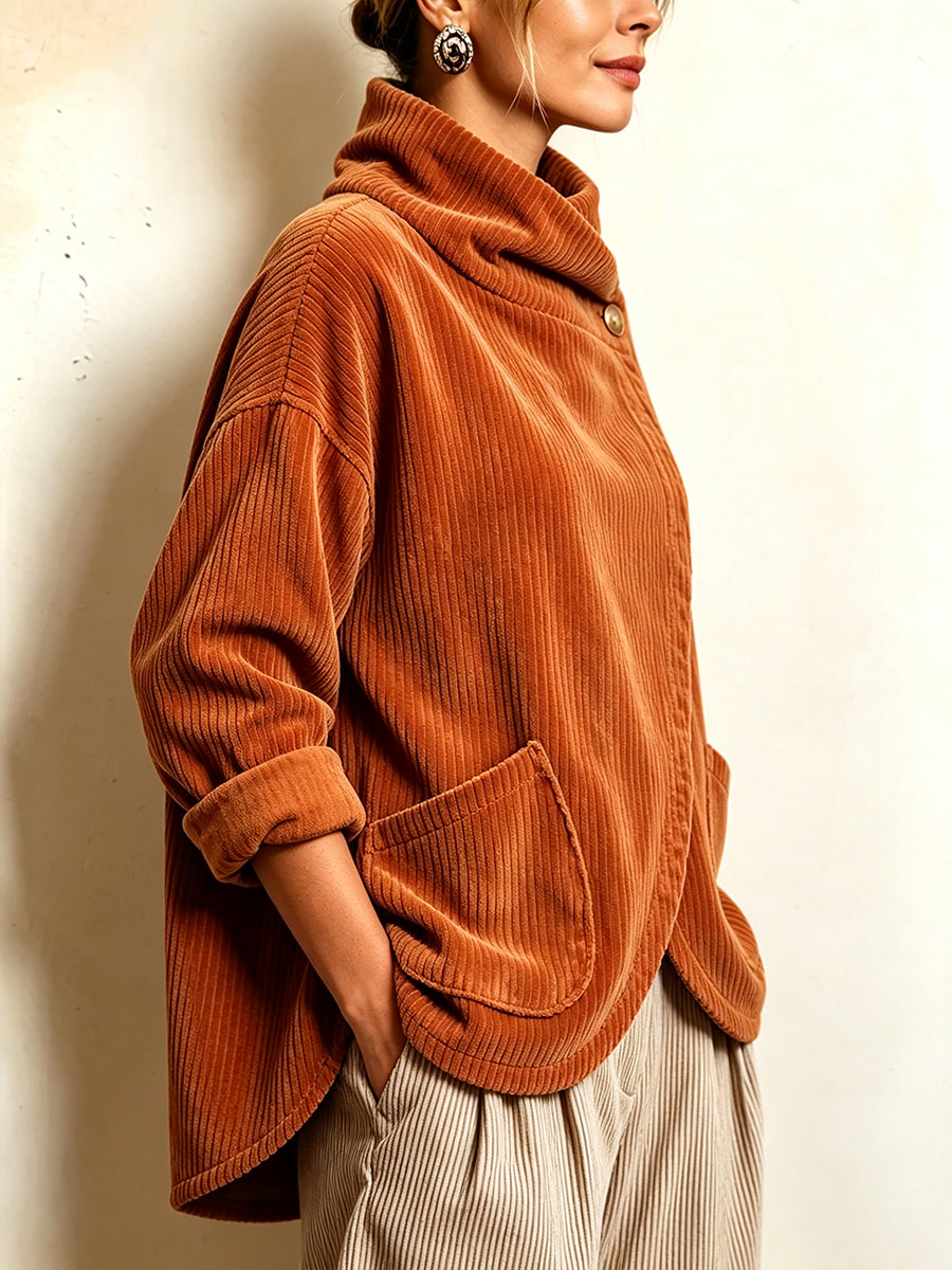 Cozy Asymmetric Button-Accented Corduroy Top