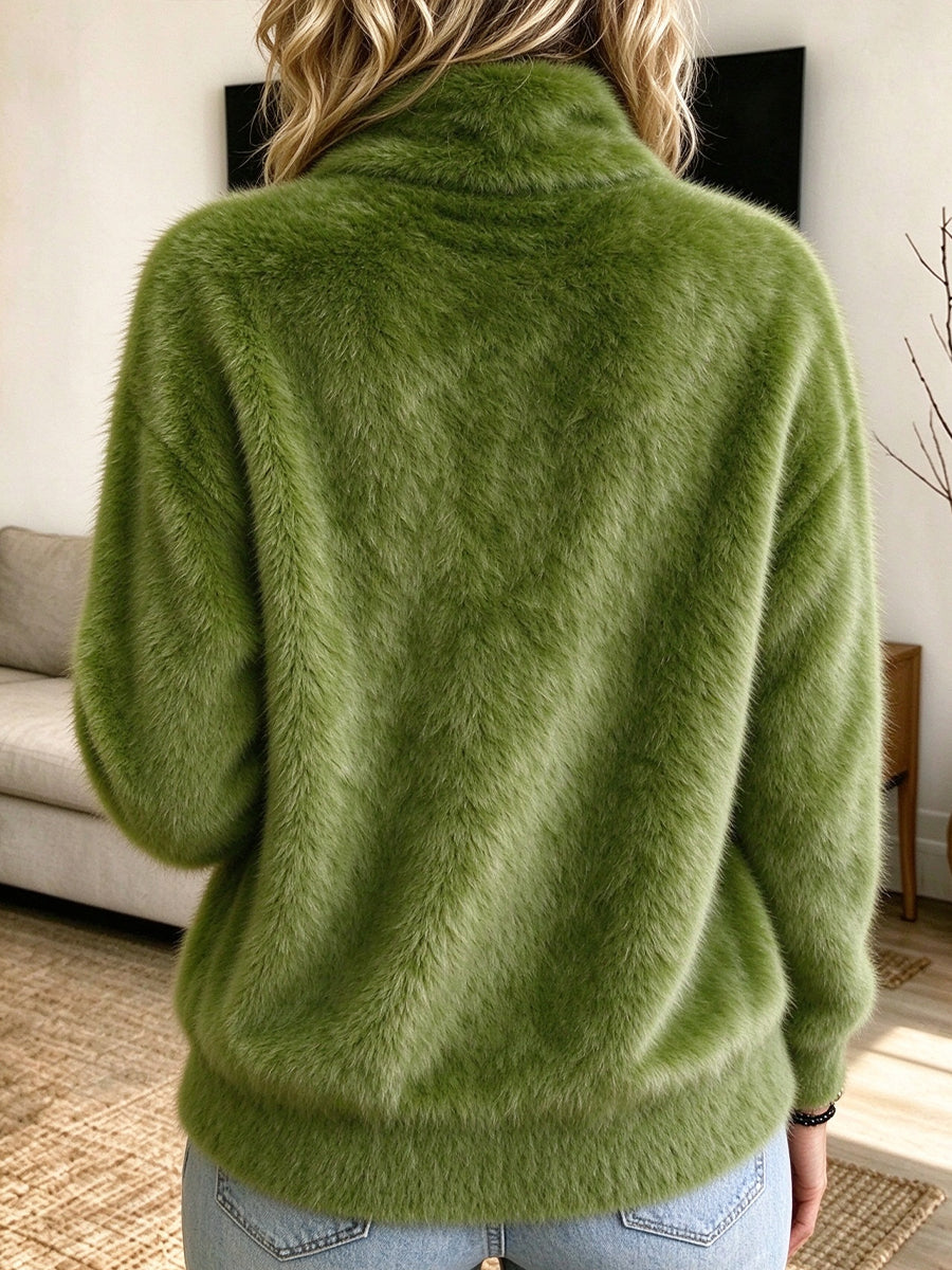Cozy Bright Green Plush Knit Cardigan With A Stand-up Collar