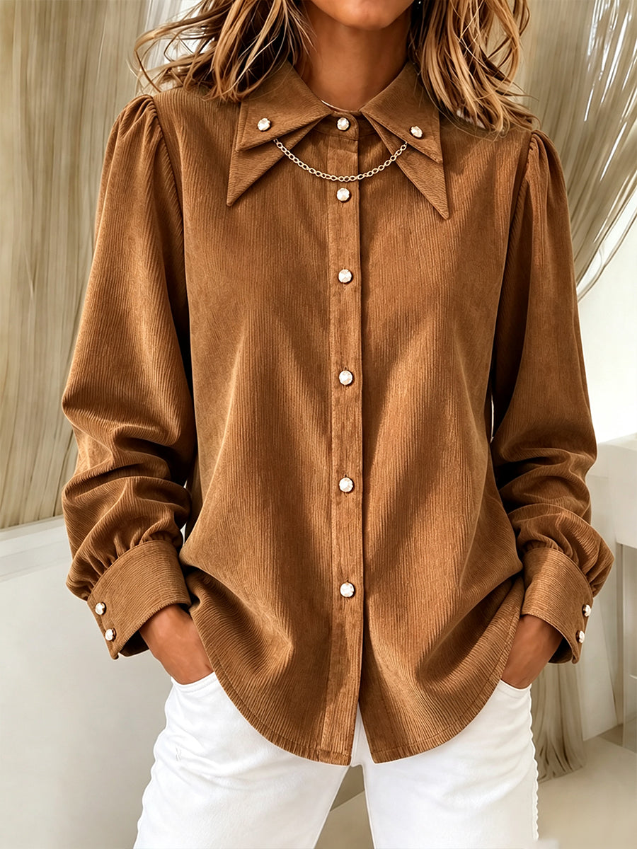 Casual Corduroy Long-sleeve Shirt With A Pointed Collar
