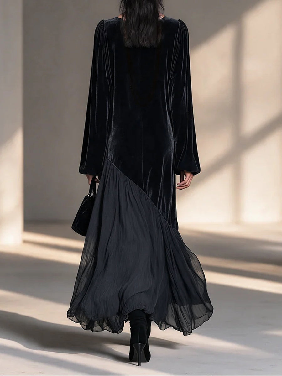 Elegant Long Dress Featuring A Combination Of Velvet And Chiffon.