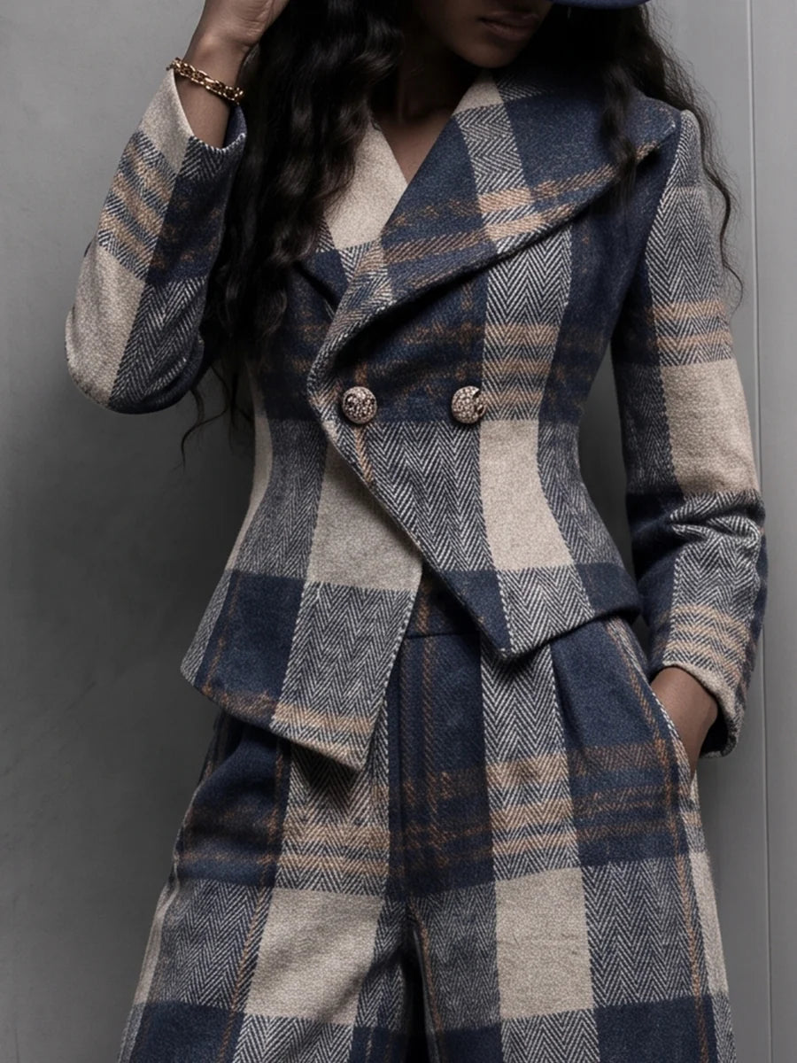 Sophisticated Plaid Cured-Hem Wide-Leg Trousers