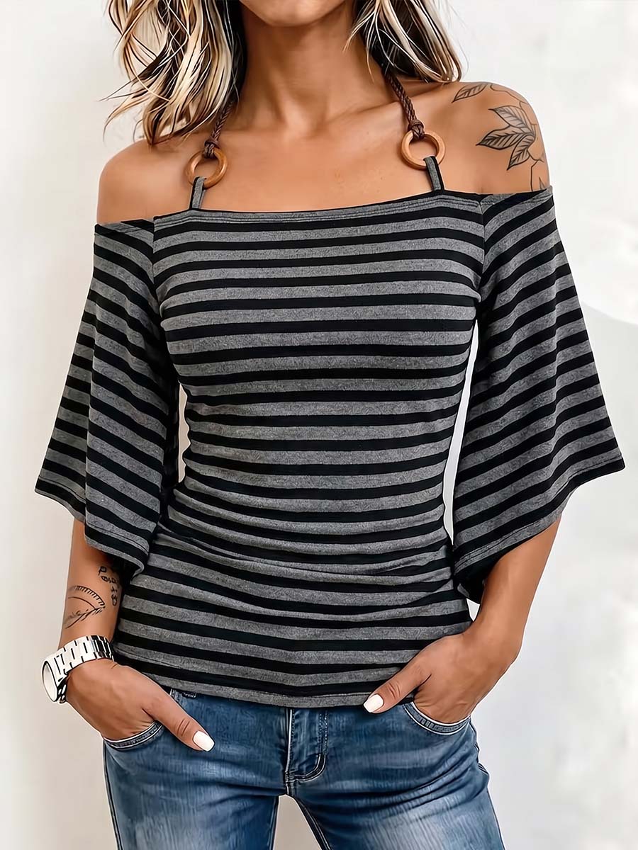 Women's Striped Print Halter Off-shoulder 3/4 Sleeve Casual Slim-fit Knit Top