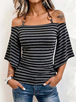 Women's Striped Print Halter Off-shoulder 3/4 Sleeve Casual Slim-fit Knit Top