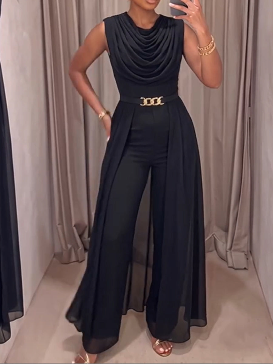 Chic Black Draped Chiffon Layered Jumpsuit