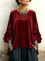 Velvet Ruffle-trim Flared-sleeve Crew-neck Top